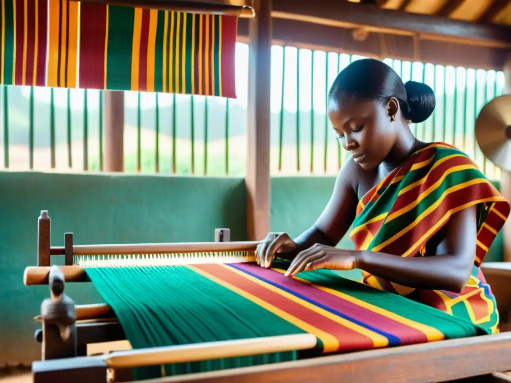 Hábiles tejedores de Kente en Ghana entrelazando coloridos hilos en telares de madera tradicionales