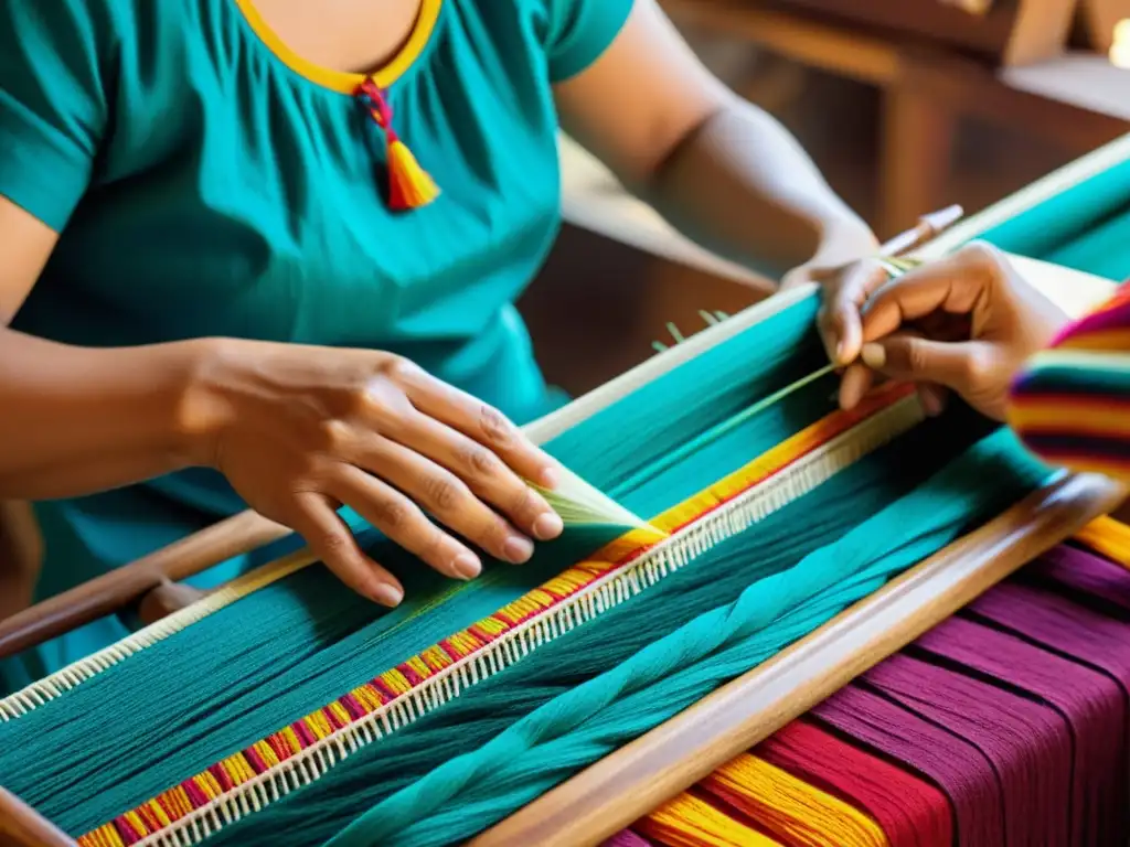 Un habilidoso artesano teje meticulosamente un patrón textil tradicional