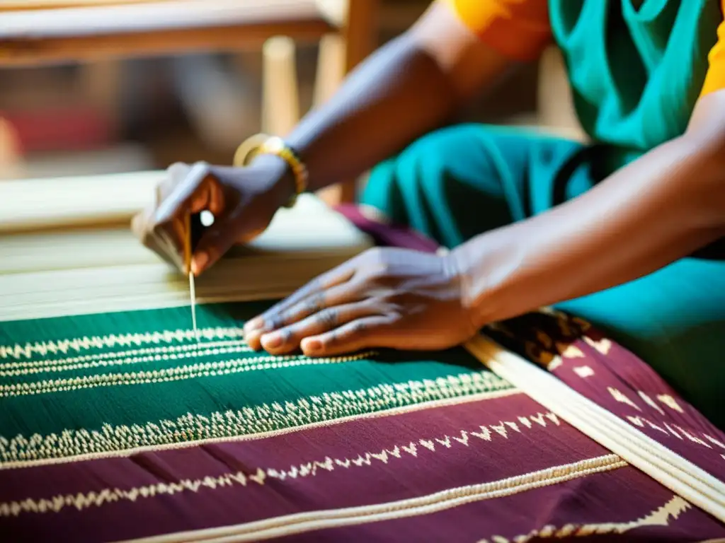 Un habilidoso artesano teje patrones en una vibrante tela Doble Ikat en Gujarat, destacando la artesanía y la belleza cultural