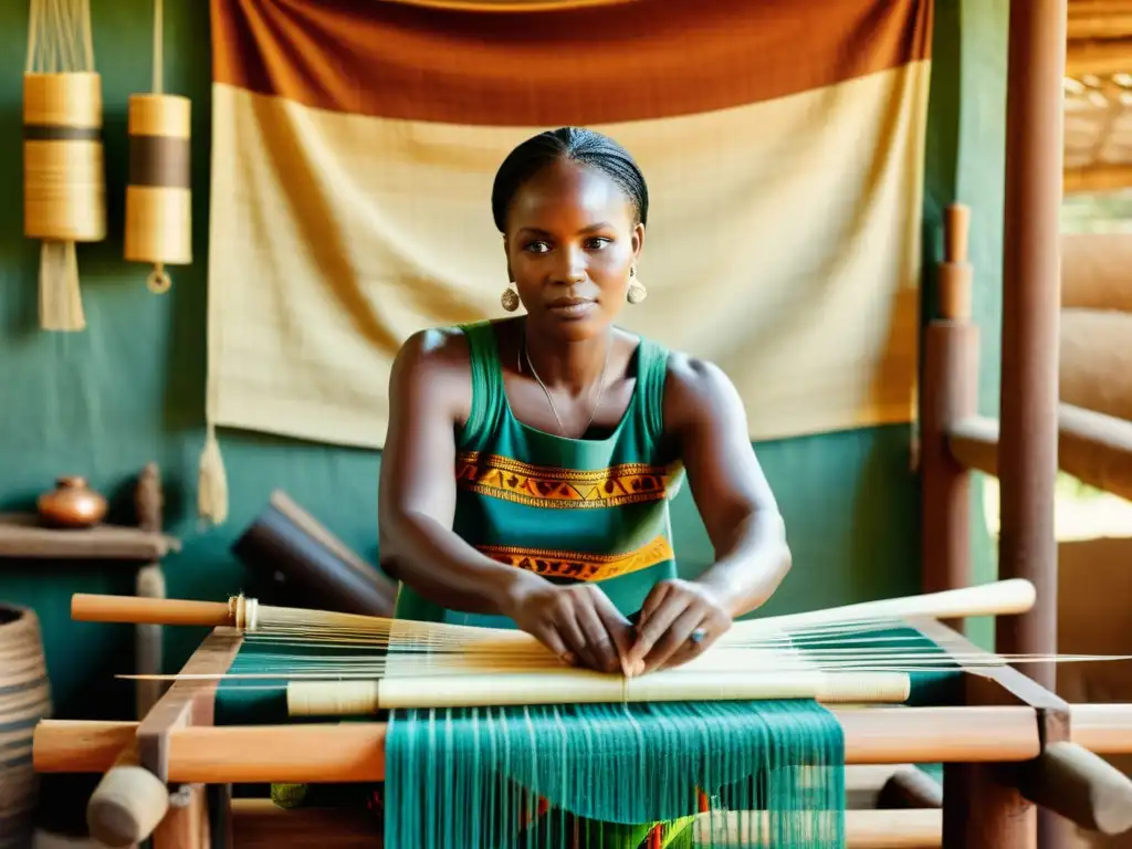 Un habilidoso artesano teje patrones vibrantes en telar de cintura africano, evocando técnica tradicional y herencia cultural