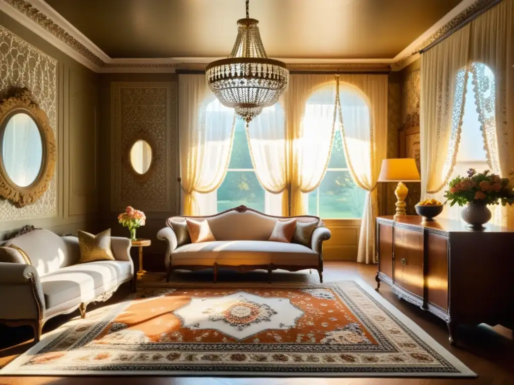 Una habitación vintage con patrones florales intrincados en las paredes y muebles