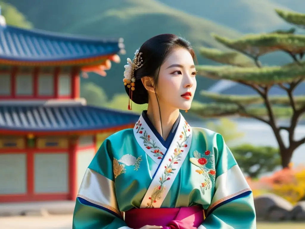 Un hanbok coreano con patrones tradicionales arte coreano, llevado por una figura elegante, con hermoso paisaje y arquitectura coreana al fondo