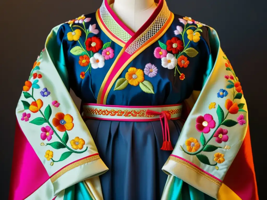 Un hanbok coreano con patrones tradicionales de arte, destacando la artesanía y la cultura coreana en un fondo oscuro