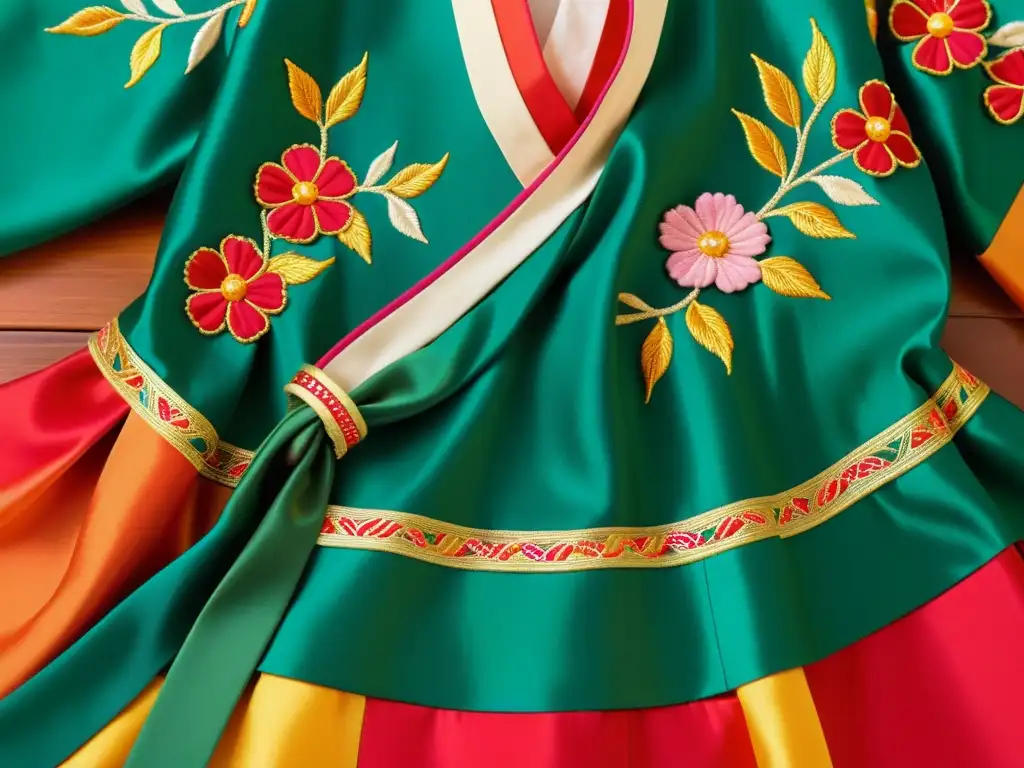 Un hanbok tradicional coreano con patrones de arte inspirados en la naturaleza, bordados intrincados y colores vibrantes