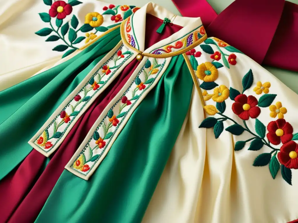 Un Hanbok tradicional con intrincados bordados y colores vibrantes simboliza la belleza y tradición de la cultura coreana