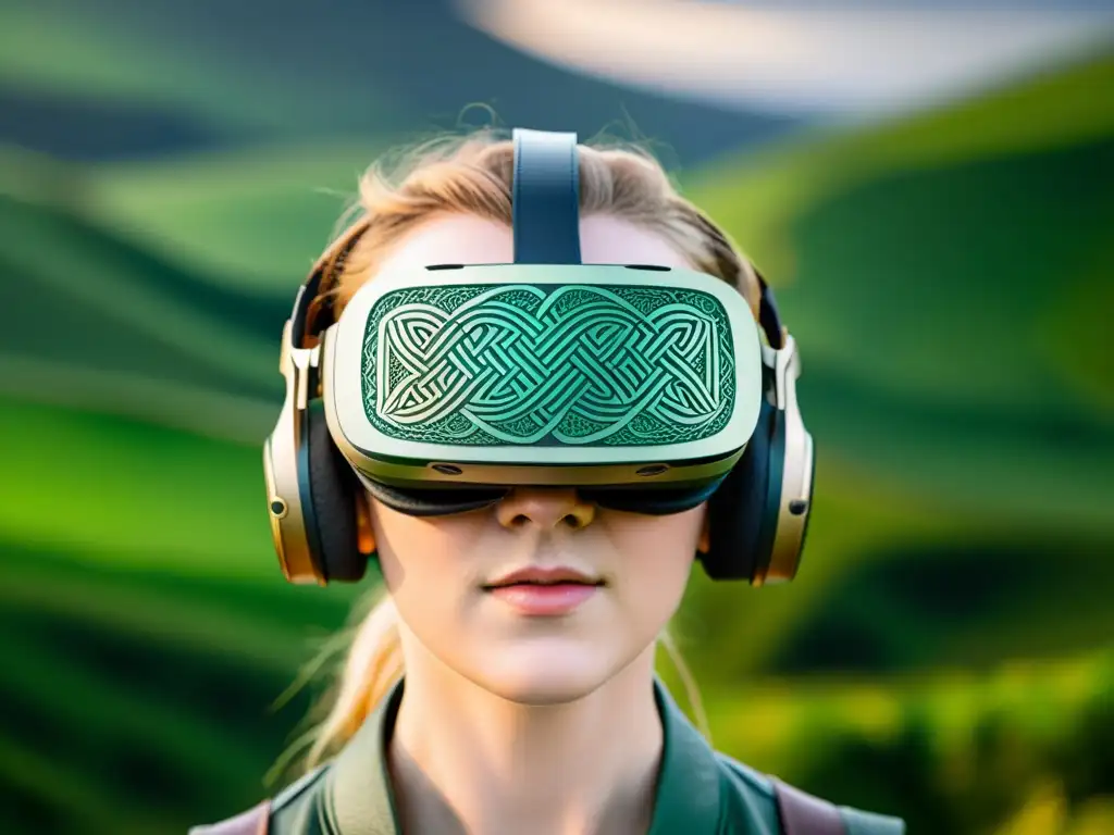 Un headset de realidad virtual con patrones celtas, inmerso en un paisaje digital celta de colinas verdes y símbolos antiguos