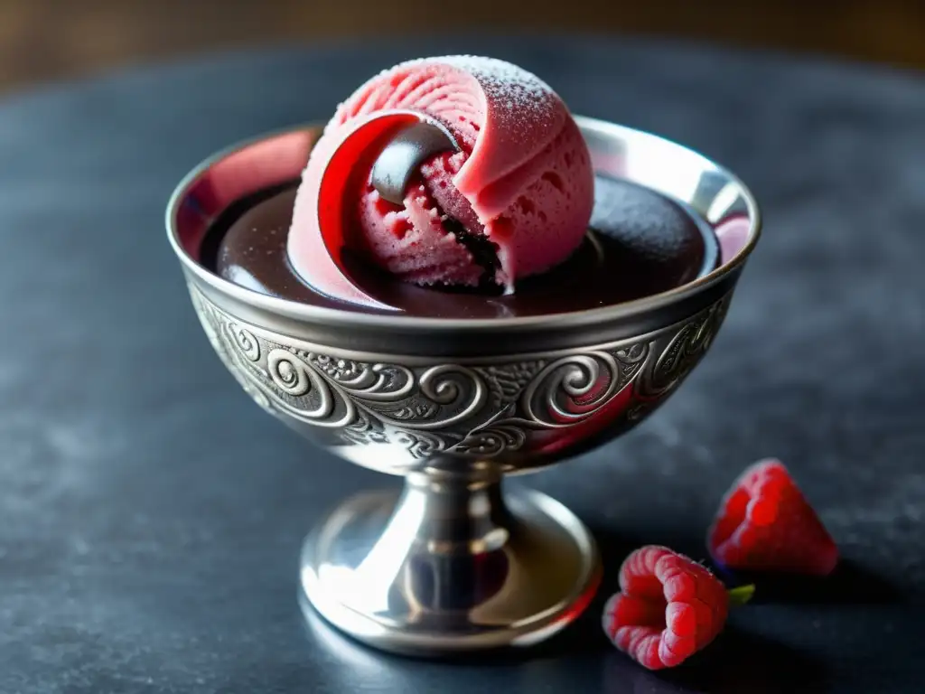 Un helado de frambuesa en copa de plata antigua con patrones delicados y rico chocolate