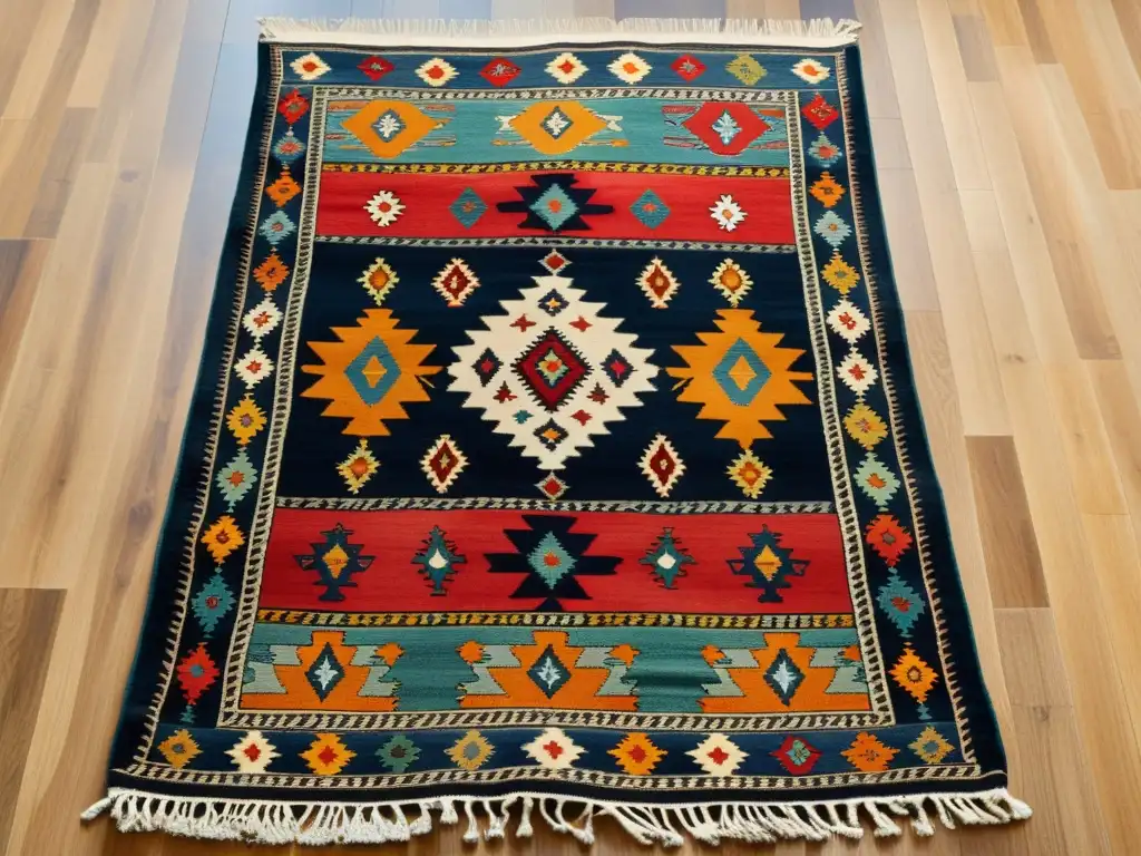 Una hermosa alfombra kilim turca con intrincados patrones geométricos y colores vibrantes, destacando la artesanía y significado cultural