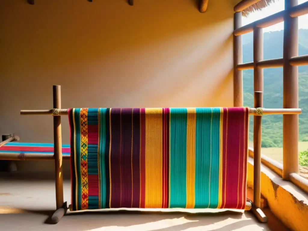 Una hermosa fotografía de una antigua telar de cintura Maya, decorado con textiles tejidos a mano con patrones geométricos y colores vibrantes