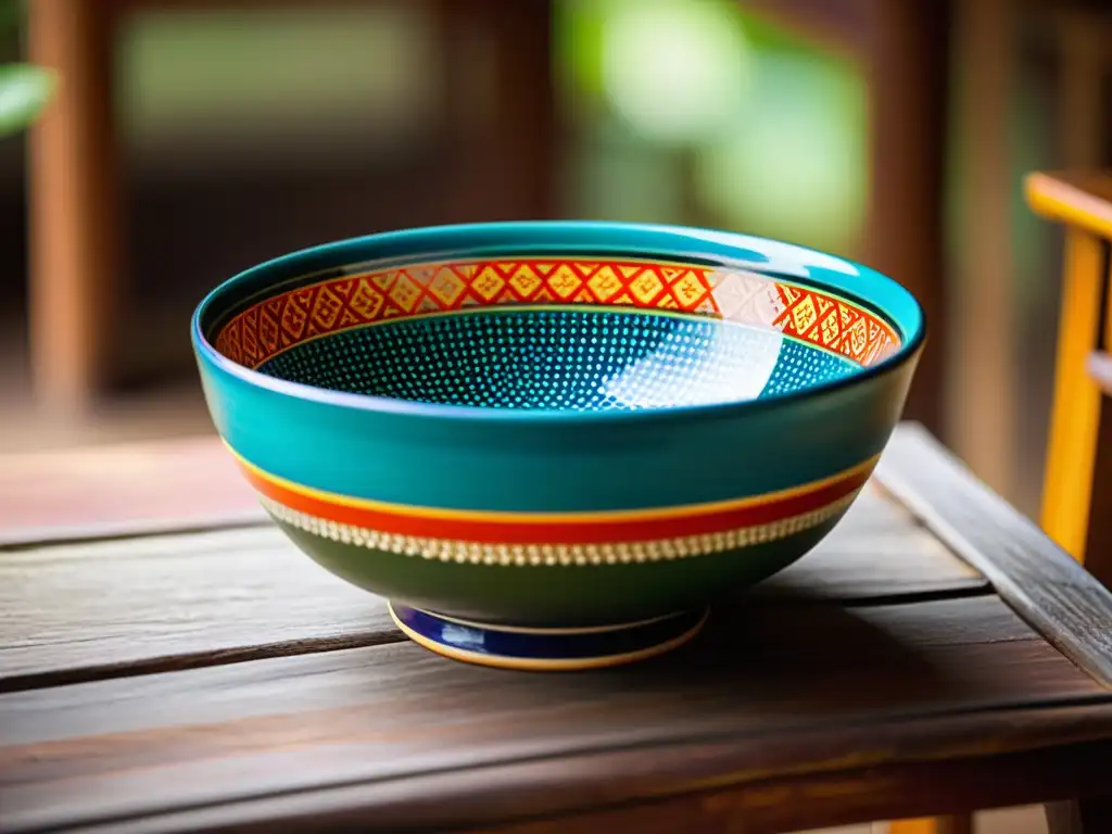 Una hermosa artesanía tailandesa: un tazón de cerámica con patrones culturales, sobre una mesa de madera adornada con tela tradicional tailandesa