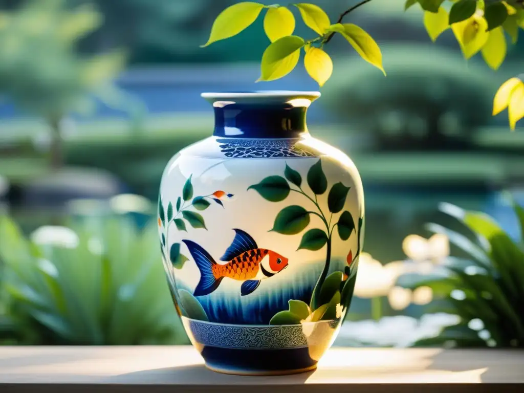 Una hermosa cerámica coreana con motivos florales en un jardín tranquilo, reflejando la armonía del confucianismo