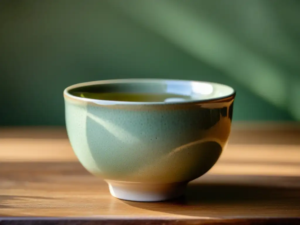 Una hermosa cerámica japonesa con efecto craquelado y té verde, evocando el wabi-sabi en la imperfección y tranquilidad