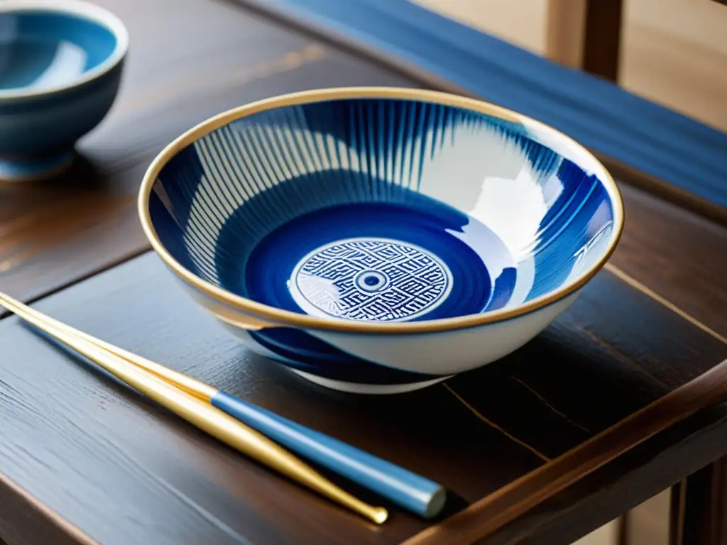 Una hermosa cerámica japonesa con patrones en tonos azul, blanco y dorado, exhibiendo la danza del pincel y la artesanía