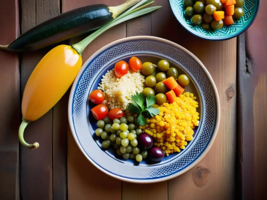 Una hermosa cerámica marroquí llena de couscous, tagine y vegetales en un ambiente vintage