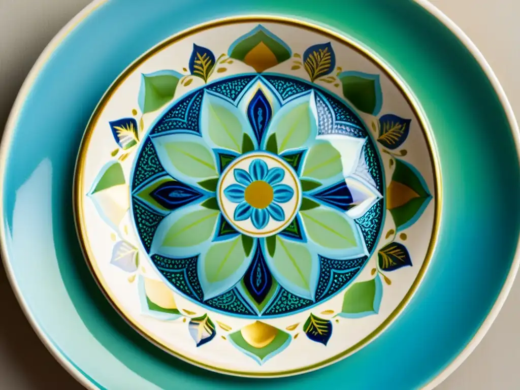 Una hermosa cerámica pintada a mano con patrones en cerámica y porcelana en tonos vibrantes de azul, verde y dorado, evocando tradición y arte