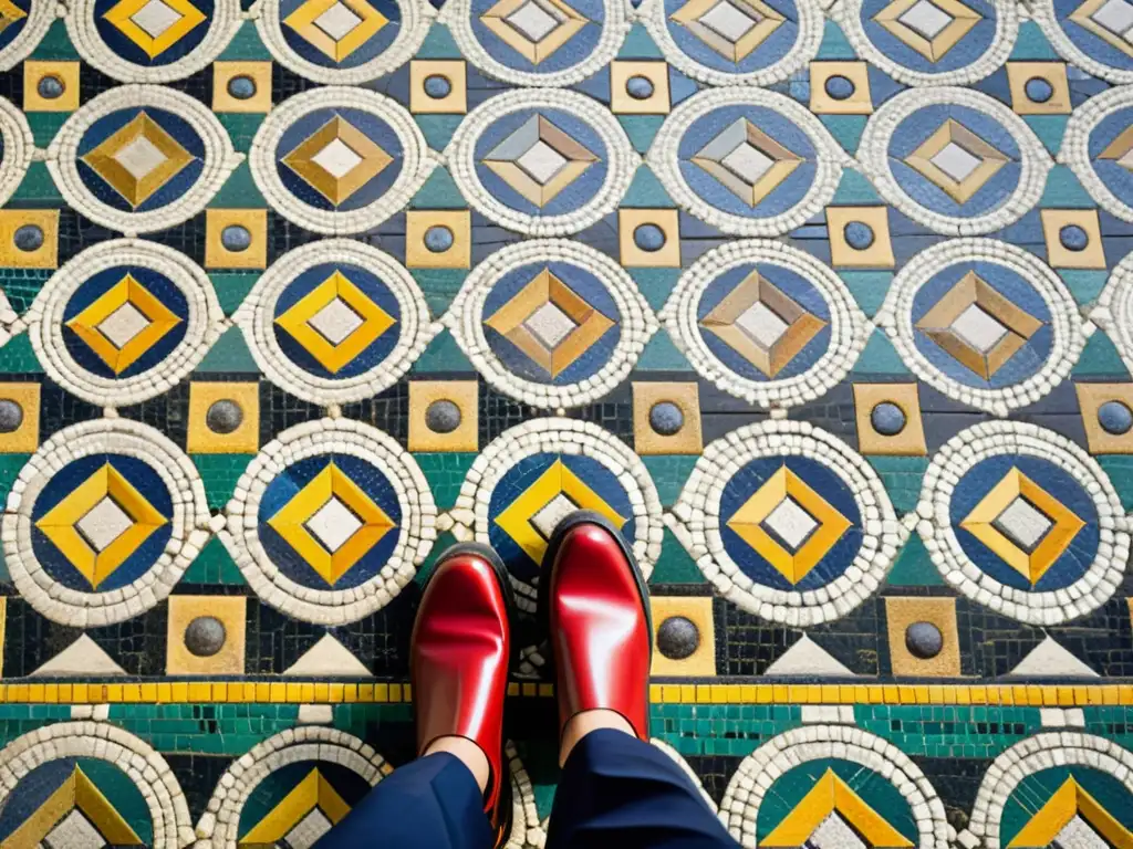 Una hermosa y detallada imagen de un piso de mosaico romano vintage, con patrones geométricos y colores vibrantes, evocando la sofisticación y la historia de los pisos romanos