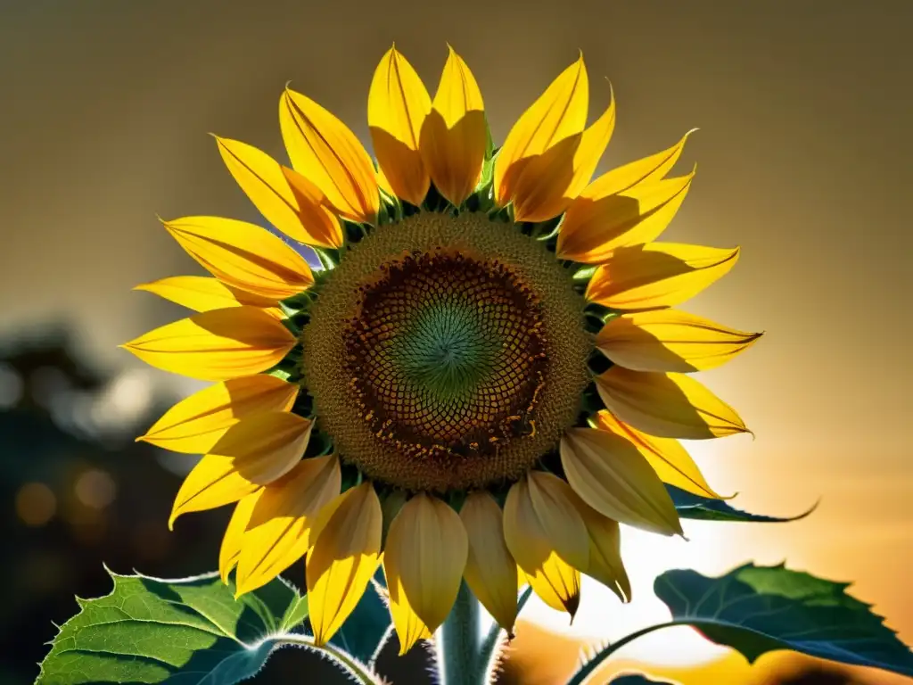 Una hermosa imagen vintage de un girasol en plena floración, con patrones espirales en el centro y pétalos dorados radiantes