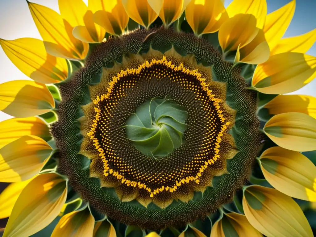 Una hermosa imagen vintage de un girasol en flor, con patrones de semillas en espiral, bañada por la cálida luz dorada