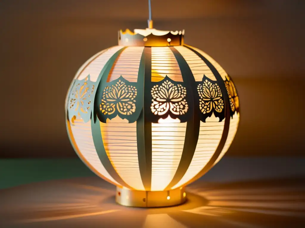 Lámpara de papel tradicional iluminada con calidez Una hermosa linterna de papel tradicional iluminada desde adentro con patrones en iluminaciones festivas