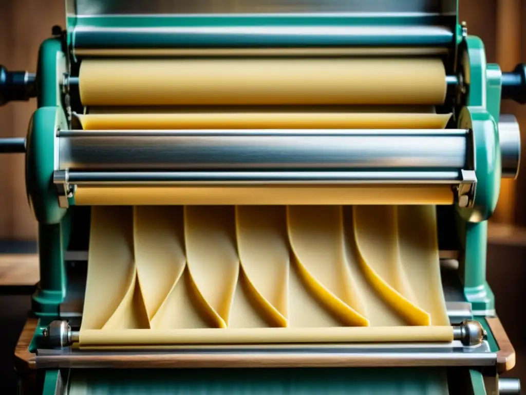 Una hermosa máquina de hacer pasta italiana vintage, con patrones grabados en los rodillos y una atmósfera nostálgica y cálida