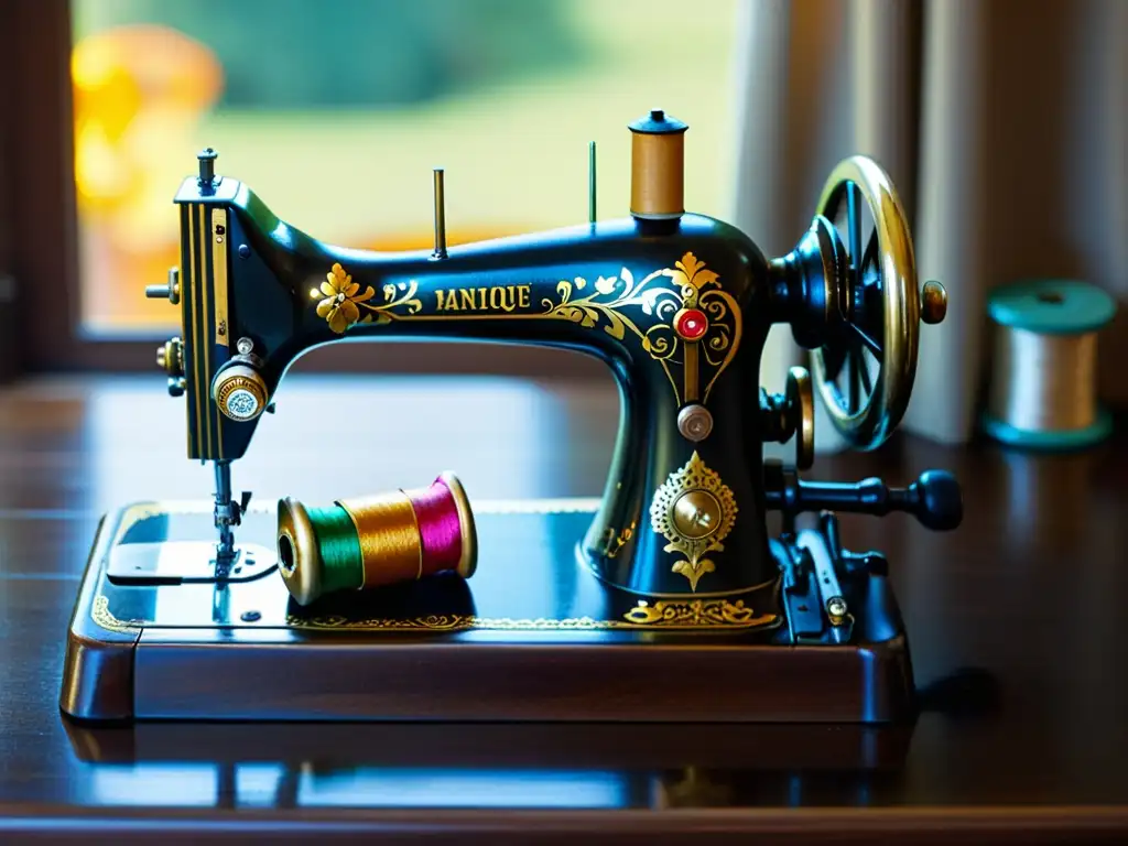 Una hermosa máquina de coser vintage con detalles dorados y un fondo de coloridos carretes de hilo