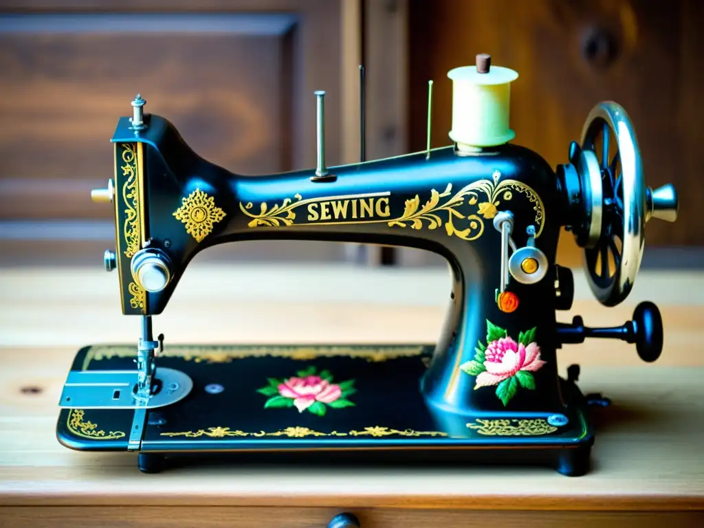 Una hermosa máquina de coser vintage con intrincados patrones florales grabados en metal, iluminada por suave luz natural