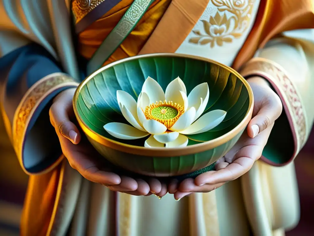 Una hermosa ofrenda budista con flores de loto, patrones intrincados y significado cultural