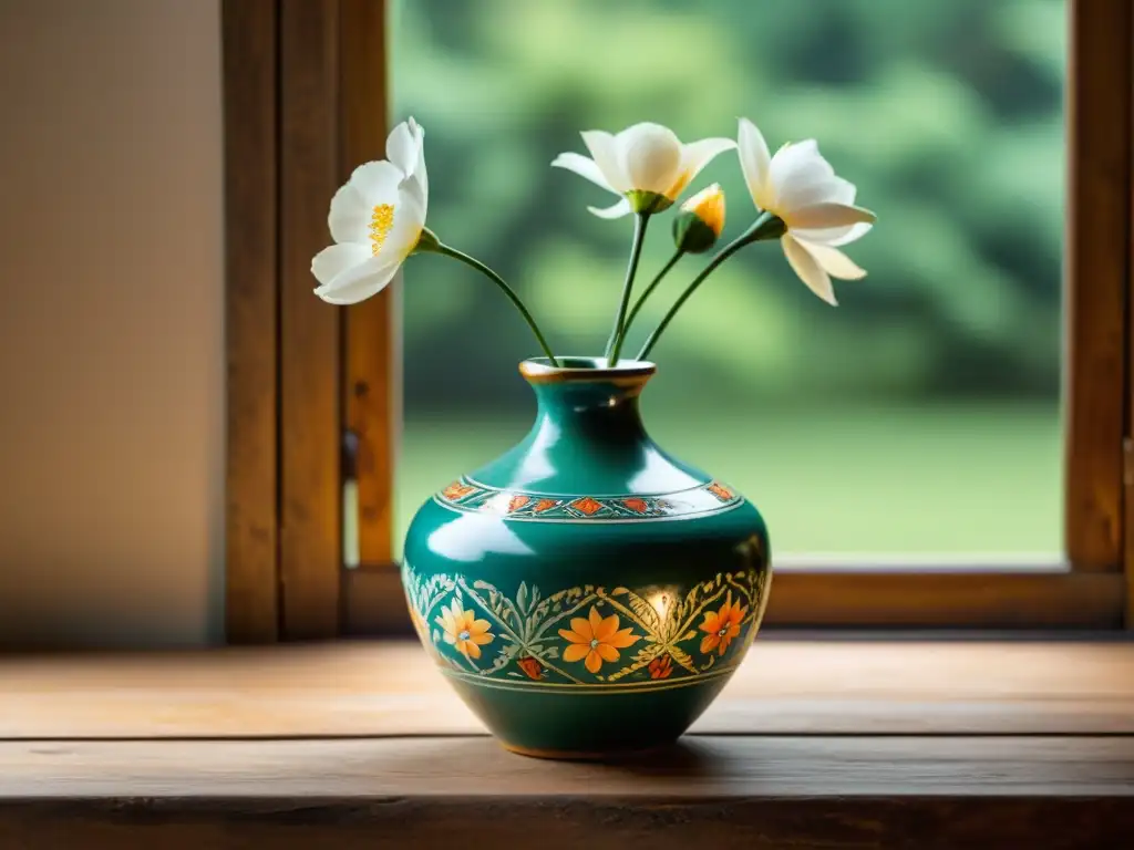 Una hermosa pieza de cerámica contemporánea con patrones florales pintados a mano en un elegante jarrón vintage sobre una mesa de madera rústica