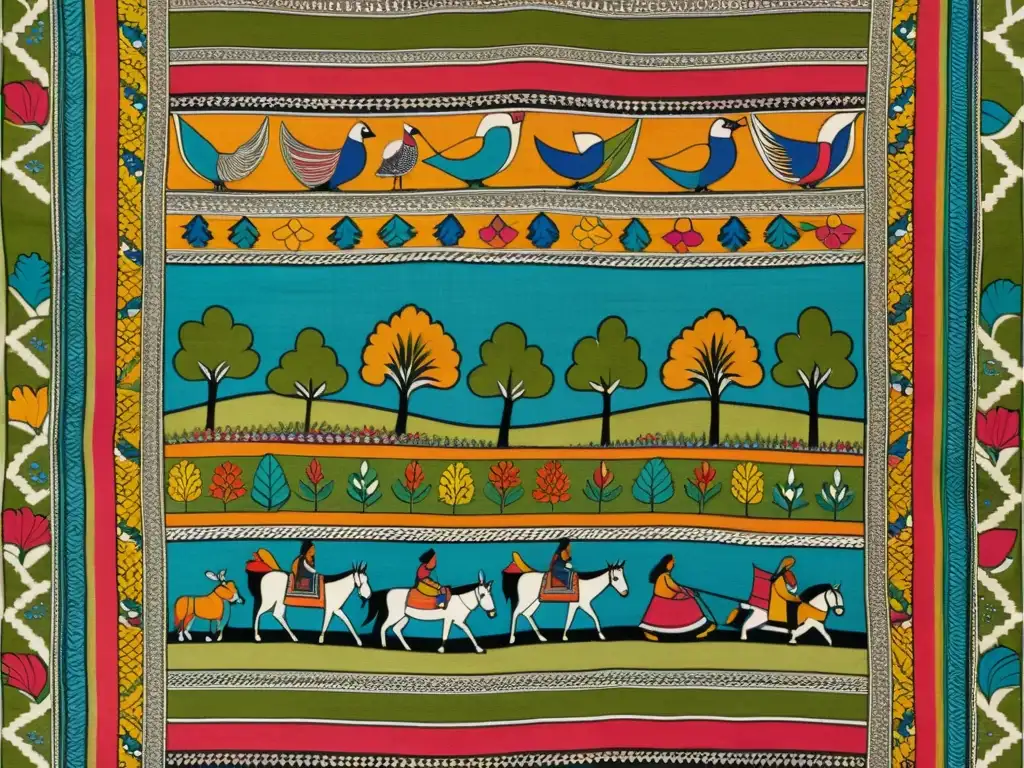 Una hermosa pintura Madhubani en un saree de algodón vintage, retratando escenas vibrantes de la vida rural con mujeres y hombres en atuendos tradicionales, y aves en árboles florecientes