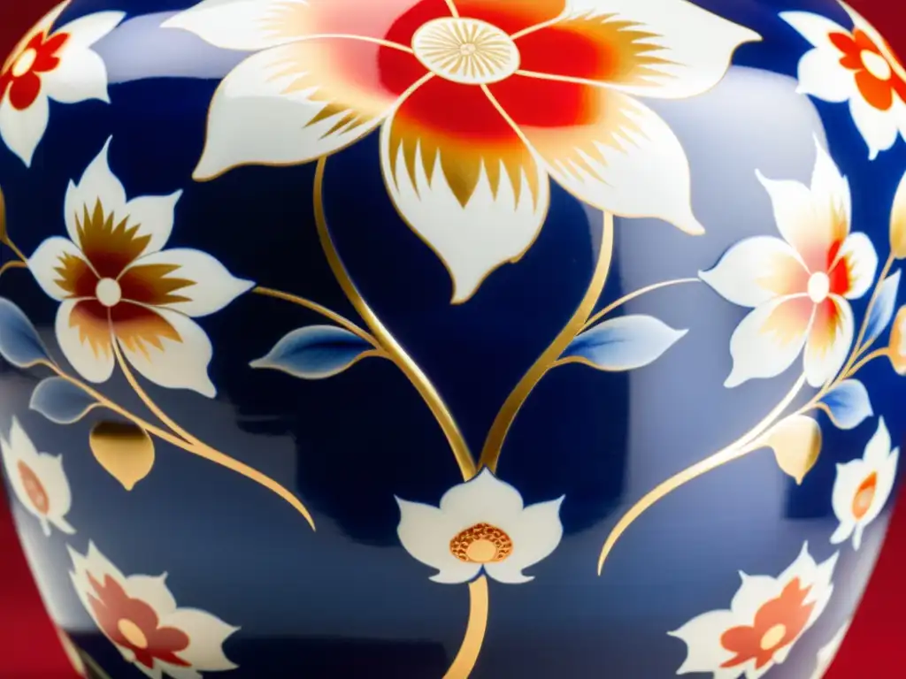 Una hermosa porcelana japonesa Imari Arita con detalles pintados a mano en azul cobalto, rojo hierro y acentos dorados, muestra motivos florales y naturales