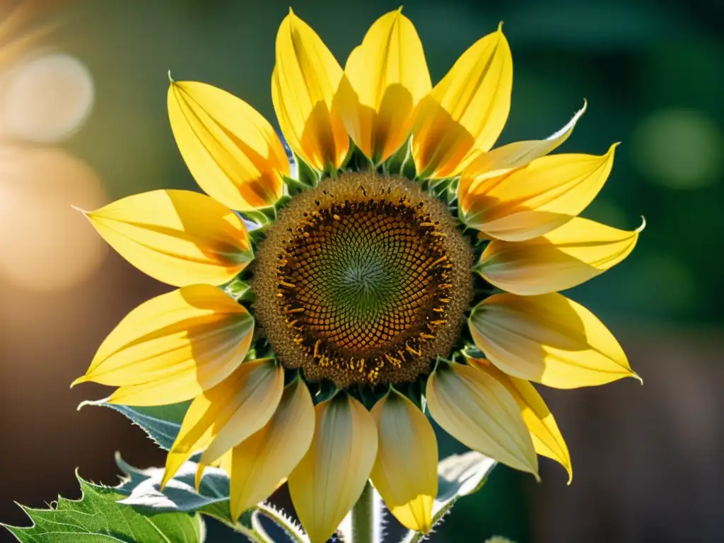 Una hermosa fotografía de alta resolución de un girasol vibrante con patrones simétricos en sus pétalos, bañado por una cálida luz solar