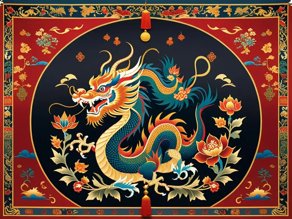 Una hermosa tapicería china vintage con patrones tradicionales de dragones, fénix y motivos florales en rojos, dorados y azules vibrantes