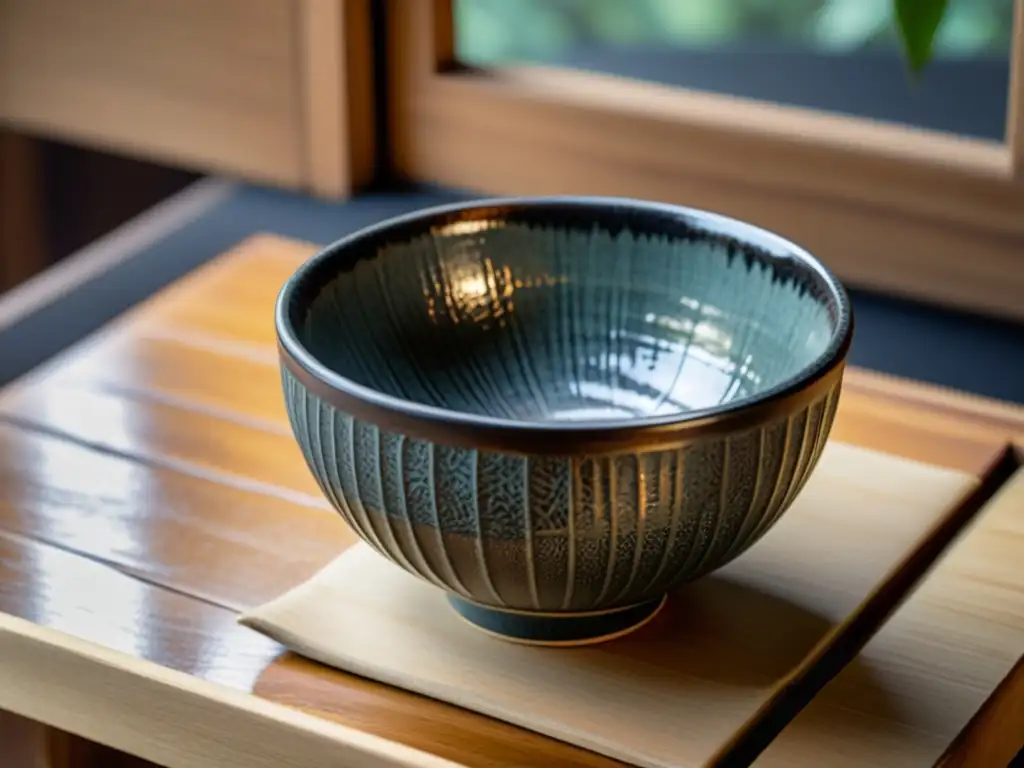 Una hermosa taza de té de cerámica Raku japonés con imperfecciones, rodeada de hojas de té y un batidor de bambú