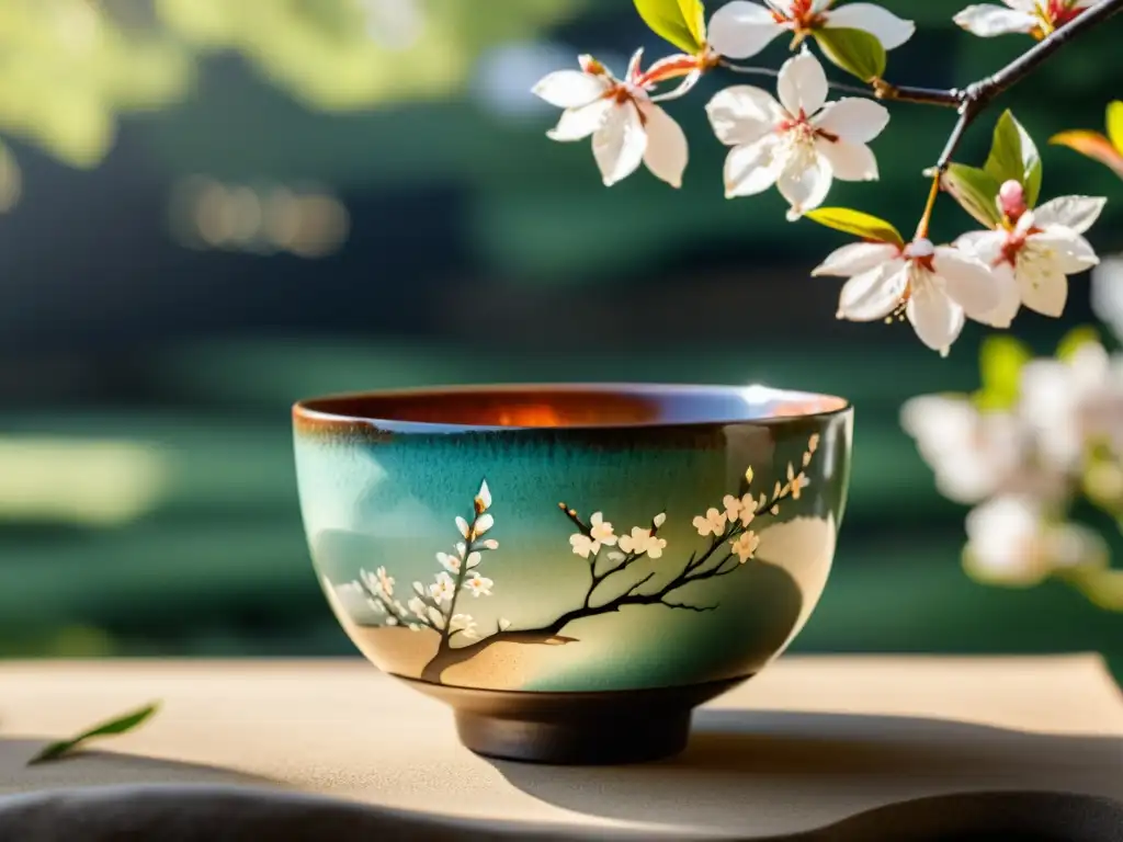 Una hermosa taza japonesa Raku en un jardín sereno con árboles de cerezo