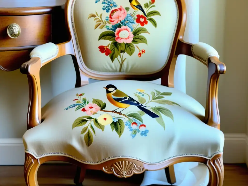 Una hermosa tela de chintz vintage con estampados clásicos en la inversión textil, delicadamente drapada sobre una silla tapizada antigua, iluminada por la suave luz natural