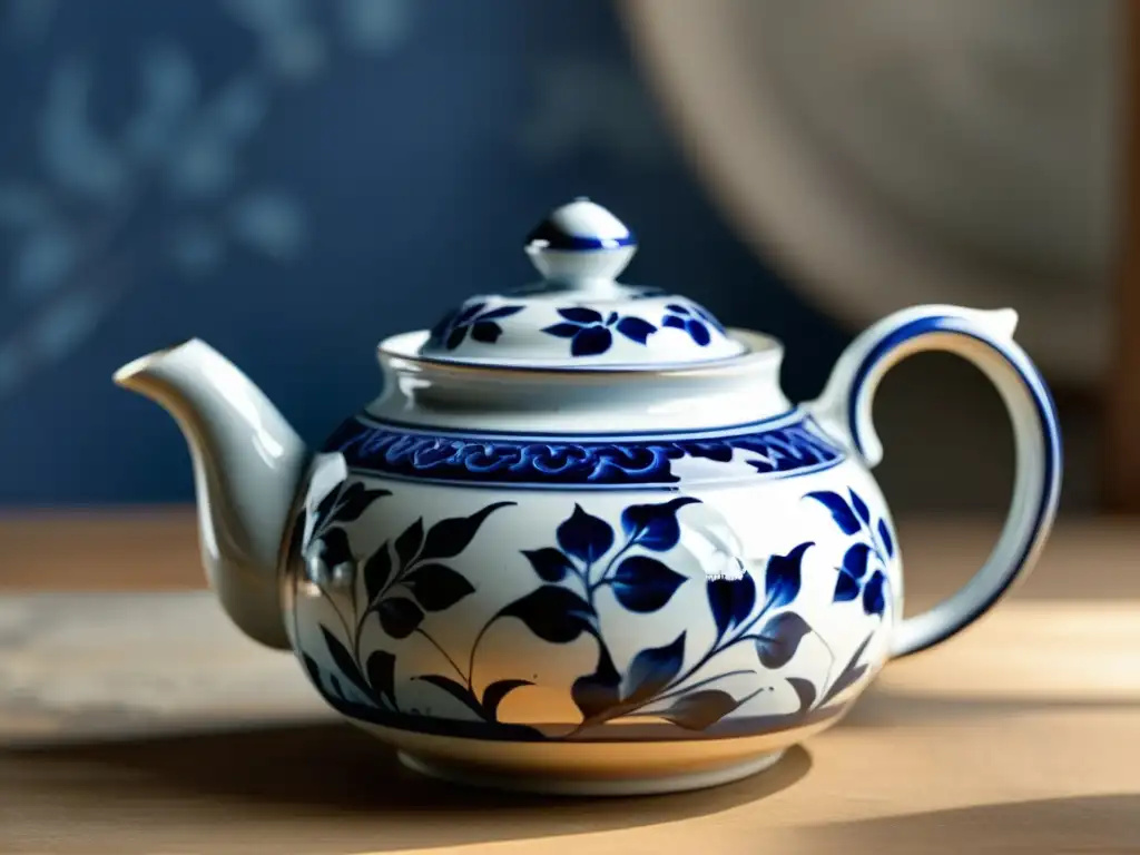 Una hermosa tetera cerámica asiática vintage, con detalles pintados a mano en tonos azul y blanco, iluminada por luz natural