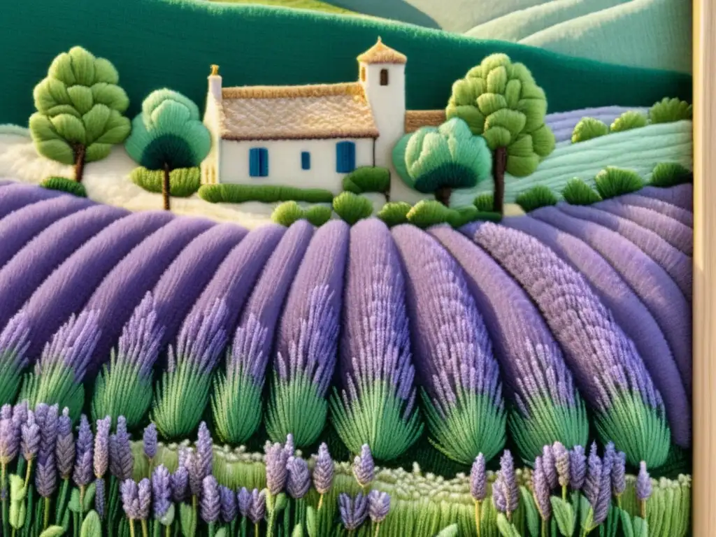 Hermoso bordado de campos de lavanda en Provenza, hecho a mano en talleres de arte textil