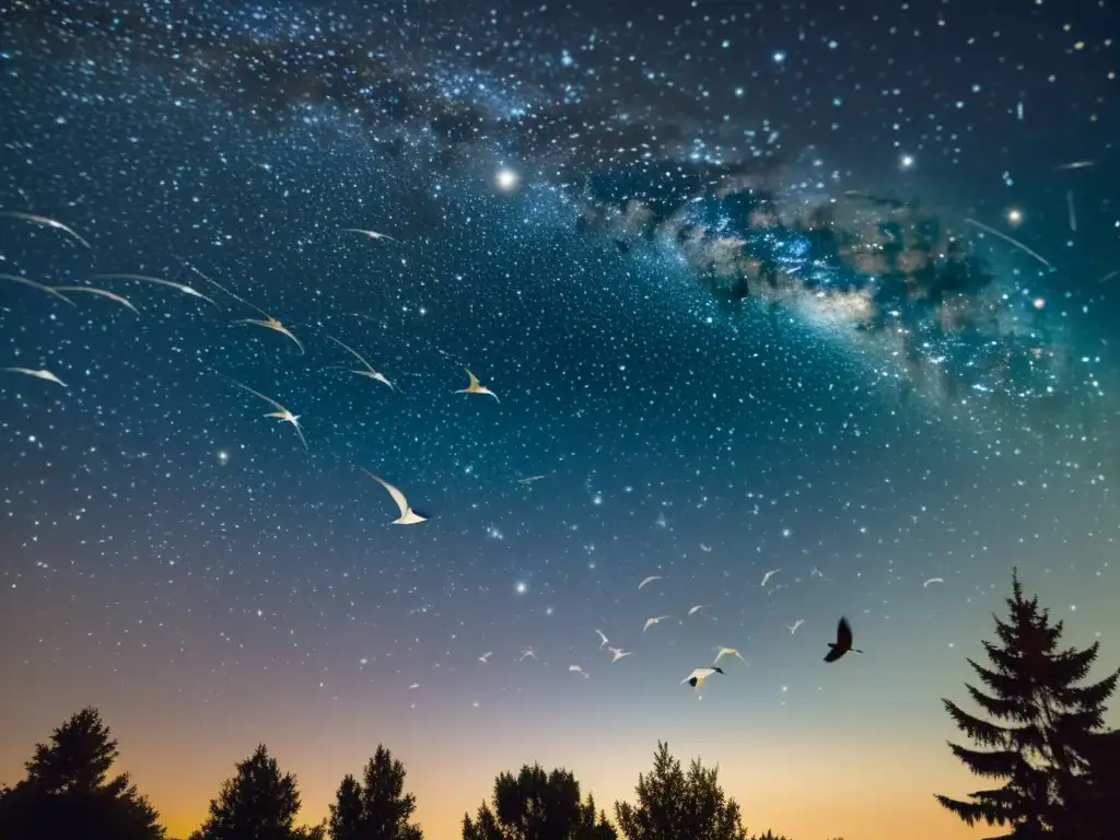 Un hermoso cielo nocturno con patrones estelares en constelaciones de aves migratorias, en una ilustración vintage