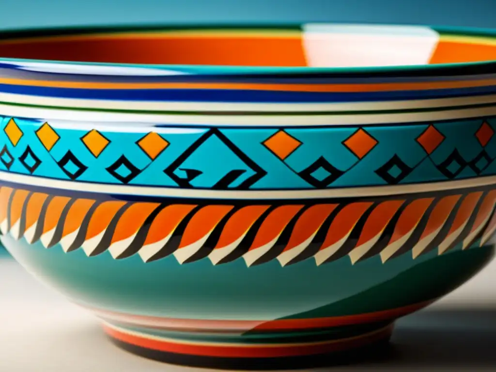 Un hermoso cuenco de cerámica vintage con patrones étnicos detallados y colores vibrantes, reflejando la rica historia y autenticidad de los diseños tradicionales