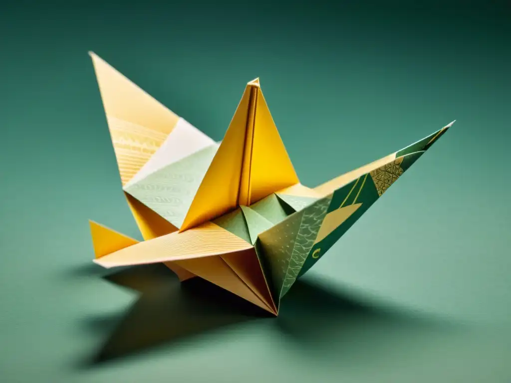 Un hermoso diseño de patrones de origami: una grulla de papel japonesa plegada con precisión sobre papel vintage