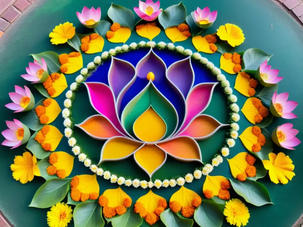 Rangoli de Diwali: Tradición y Colorido Festivo Un hermoso diseño de rangoli de Diwali con patrones de luz, diyas y colores vibrantes, rodeado de pétalos de flores y hojas verdes