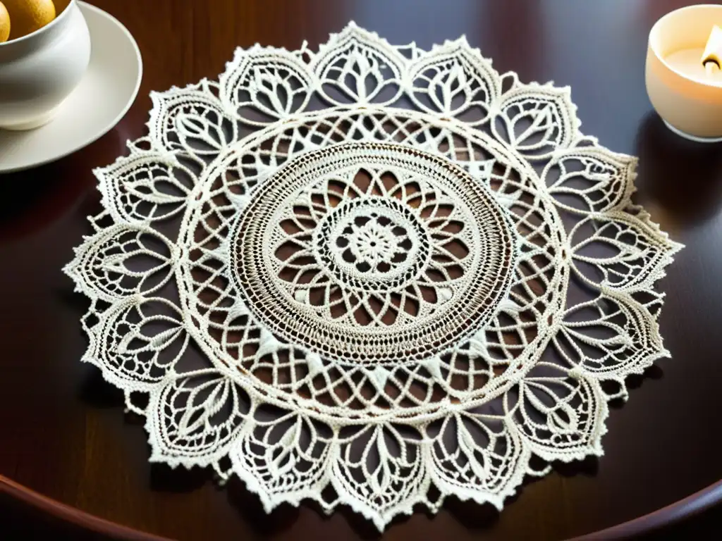 Exquisita doily de encaje artesanal en mesa de caoba Un hermoso encaje de bolillos que evoca la tradición europea encaje de bolillos con sus delicados patrones entrelazados y la artesanía fina