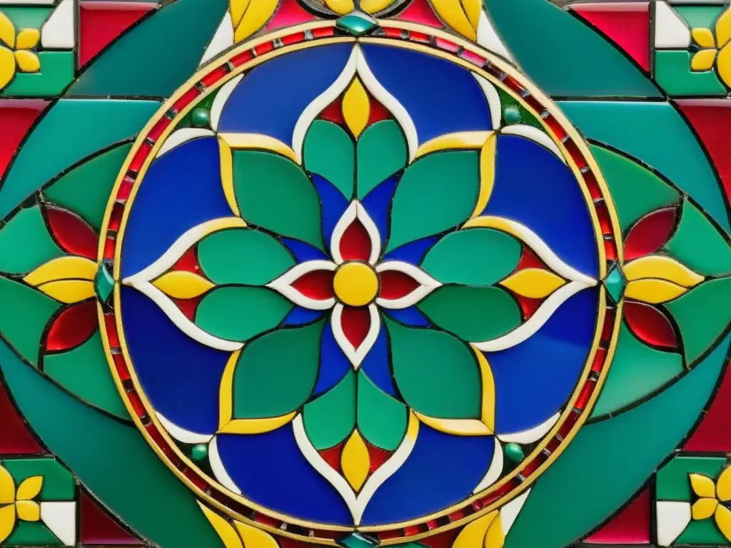 Un hermoso mosaico árabe de colores vibrantes y patrones intrincados en un marco vintage, evocando la influencia en la literatura y el arte