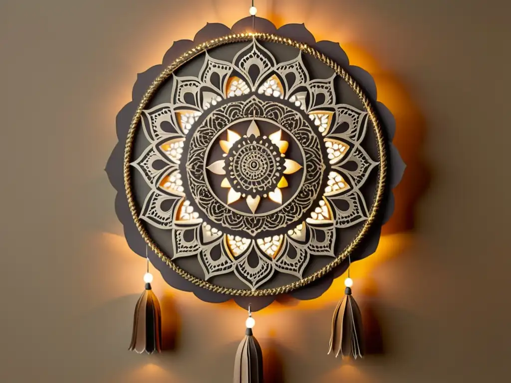 Un hermoso mandala móvil vintage cuelga del techo, con intrincados diseños geométricos en tonos tierra