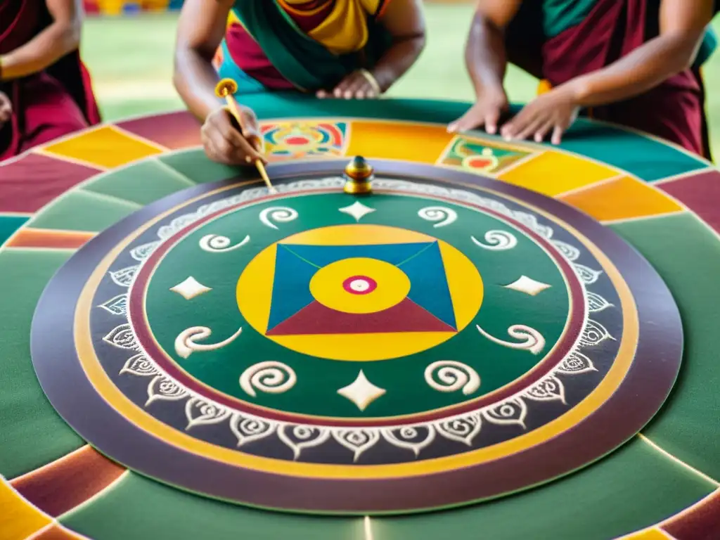 Un hermoso mandala tibetano con monjes trabajando en su creación