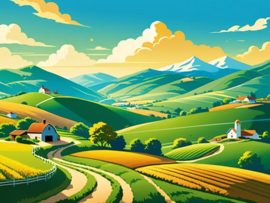 Una ilustración vintage de hermosos patrones de herencia y desarrollo rural, con campos verdes, una granja y montañas nevadas al fondo