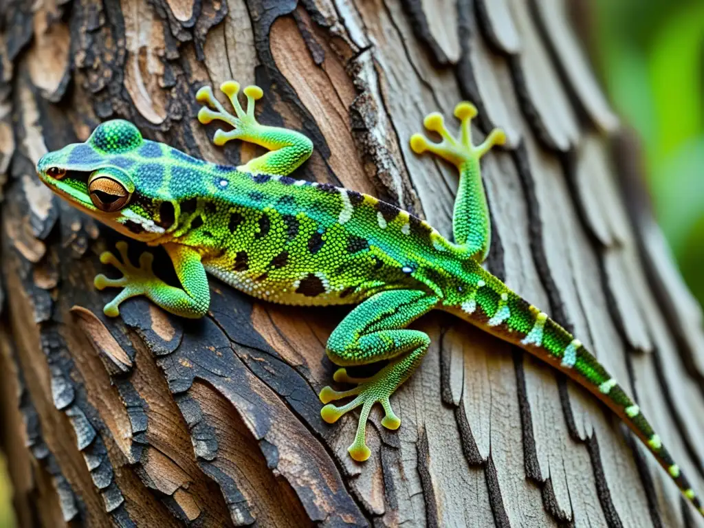 Un gecko de hoja se camufla perfectamente con la corteza áspera de un árbol, mostrando patrones de camuflaje en animales