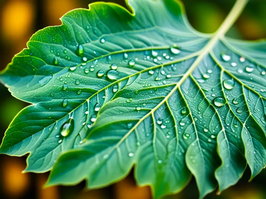 Una hoja verde exuberante con patrones de gotas de agua, evocando tranquilidad atemporal en la naturaleza