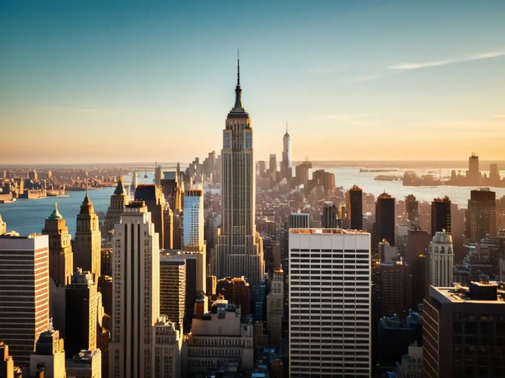 El icónico Empire State Building destaca sobre el horizonte de Nueva York, con detalles arquitectónicos y patrones urbanos, bañado en cálida luz solar