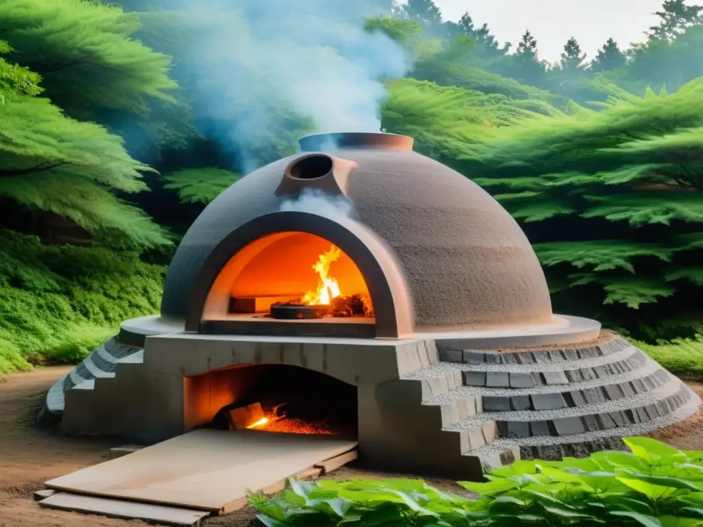 Un horno anagama japonés tradicional iluminado por el intenso calor, en medio de un sereno bosque